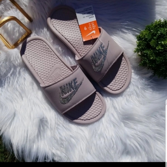 Bling Bedazzled Rose Mauve Nike Slide Sandals - Picture 5 of 7